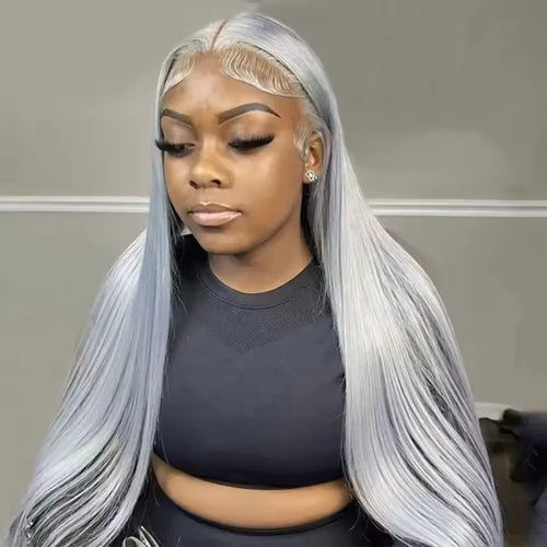 30 40 Inches Straight Human Hair Wigs 13x6 HD Lace Frontal Wigs 250% Density Silver Grey Colored 13x4 Lace Front Human Hair Wigs