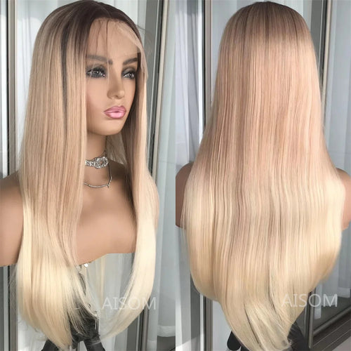 Platinum Ash Blonde Long Straight Lace Front Wig with Brown Roots Pre Plucked Heat Resistant Synthetic Lace Wigs Daily Use