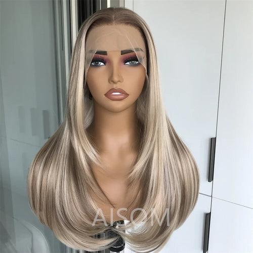 13x4 Lace Front Wig Highlight Brown Layered Straight Synthetic Lace Wigs for Women Blonde mix Brown Colored Wig Pre Plucked