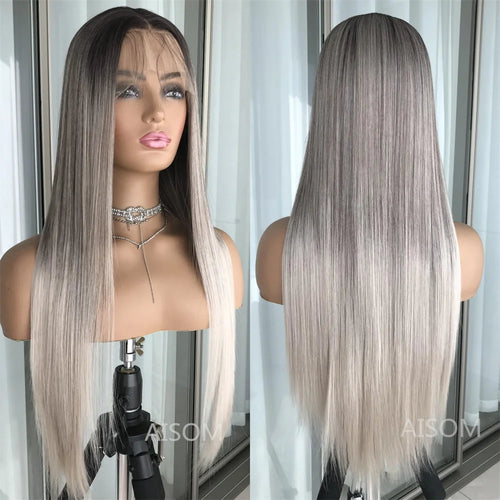 Platinum Ash Blonde Long Straight Lace Front Wig with Brown Roots Pre Plucked Heat Resistant Synthetic Lace Wigs Daily Use