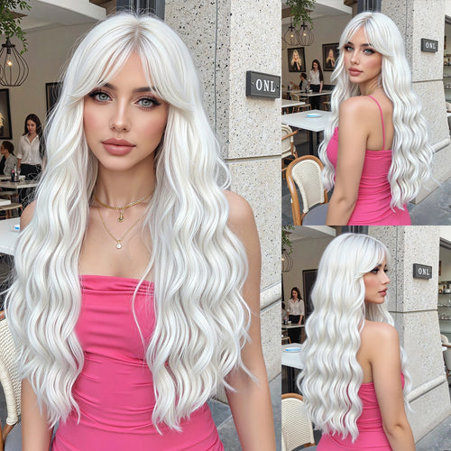 Super Long Curly Silver Synthetic Wig with Fluffy Bangs White Water Wave Hair Wigs for Women Daily Use Cosplay Colored Hair Wig