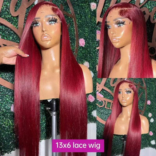 99j Burgundy Lace Front Human Hair Wig 40 Inch 13x6 Straight Lace Frontal Wigs HD Transparent Lace Colored Red Wig For Women