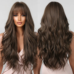 Brown Wavy Wigs for Women with Bangs, Long Natural Synthetic Hair Wig Daily Cosplay, Heat Resistant