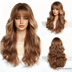 Brown Wavy Wigs for Women with Bangs, Long Natural Synthetic Hair Wig Daily Cosplay, Heat Resistant