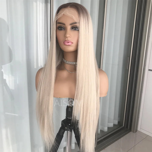 Platinum Ash Blonde Long Straight Lace Front Wig with Brown Roots Pre Plucked Heat Resistant Synthetic Lace Wigs Daily Use