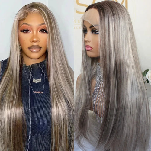 Ombre Blonde Straight Lace Front Wig Synthetic Lace Wigs Platinum Blonde with Brown Root Preplucked Baby Hair 150 Density Wig