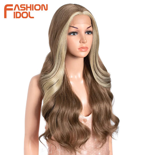 FASHION IDOL 26 inch Body Wave T Part Lace Wigs For Women Dyed Wigs Synthetic With Baby Hair Wigs Ombre Brown Daily Wigs Cosplay
