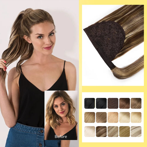 Yelo Ponytail Human Hair Extension Body Wave Wrap Around Ponytail Extension Remy Hair Blond Wavy Natural Black Curly Ponytail