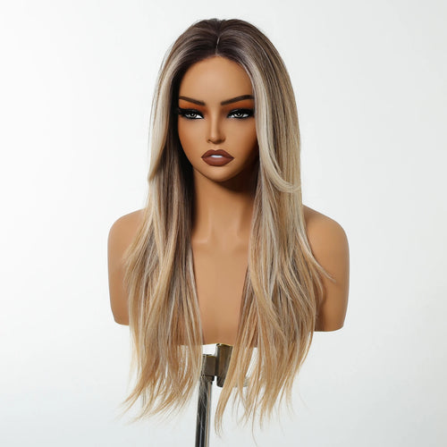 Long Straight Hairline Lace Front Synthetic Wig For Black Women Brown Mixed White Natural Middle Part Wig For Daily Cosplay