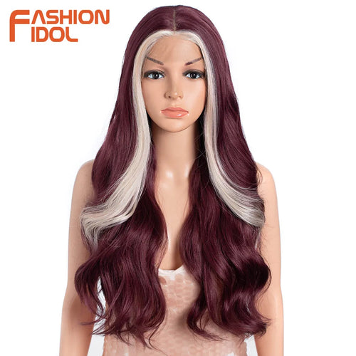 FASHION IDOL 26 inch Body Wave T Part Lace Wigs For Women Dyed Wigs Synthetic With Baby Hair Wigs Ombre Brown Daily Wigs Cosplay