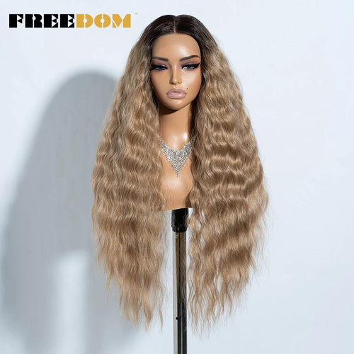 FREEDOM Curly Synthetic Lace Front Wigs For Women 30 inches Soft Wavy Ombre Blonde Ginger Highlight Cosplay Wigs Heat Resistant