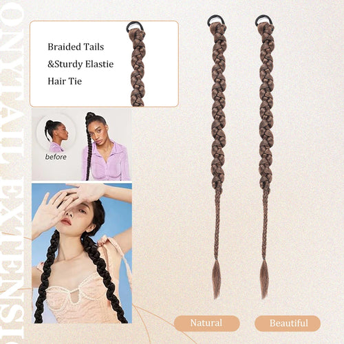 Long Braiding Synthetic Hair Extensions 2 Pieces Set Twisted Ponytail Extension with Rubber Bands Double Fishtail Braided