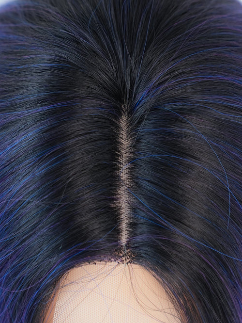 HD Transparent Lace Front Wig Blue Ombre Purple Body Wavy Wigs with Bangs High Density Synthetic Lace Frontal Side Part Wigs