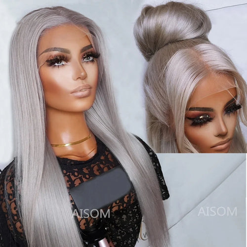 Platinum Ash Blonde Long Straight Lace Front Wig with Brown Roots Pre Plucked Heat Resistant Synthetic Lace Wigs Daily Use
