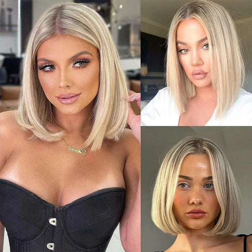 Highlight Blonde Synthetic Wig 12 Inch Ombre Short Lace Front Bob Wigs Straight Dark Roots Glueless Wig for Women Daily Party