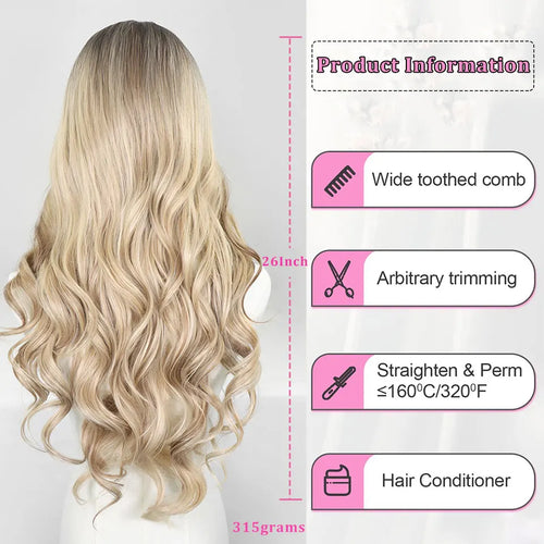 13x4 Lace Front Wavy Blonde Highlight Synthetic Wigs Dark Root Brown Colored Ash Blonde Wig For Women Daily Use 150% Pre Plucked