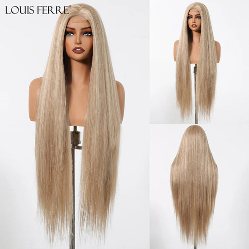 Long Straight Hairline Lace Front Synthetic Wig For Black Women Brown Mixed White Natural Middle Part Wig For Daily Cosplay