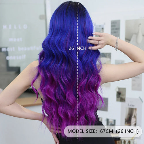 HD Transparent Lace Front Wig Blue Ombre Purple Body Wavy Wigs with Bangs High Density Synthetic Lace Frontal Side Part Wigs
