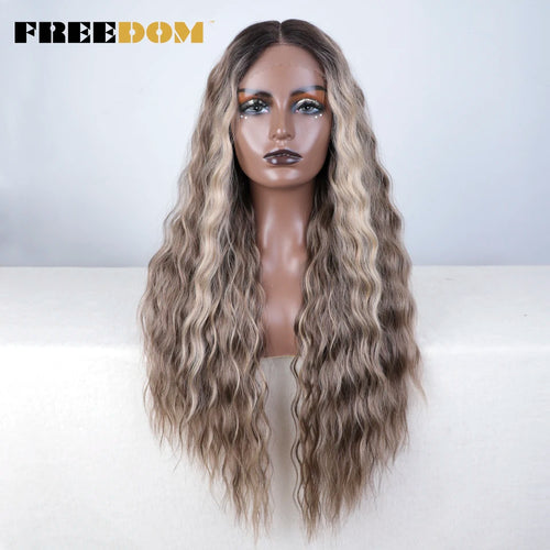 FREEDOM Curly Synthetic Lace Front Wigs For Women 30 inches Soft Wavy Ombre Blonde Ginger Highlight Cosplay Wigs Heat Resistant