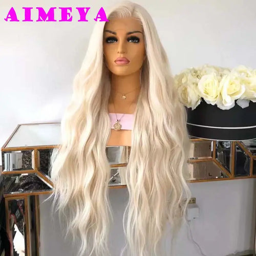 AIMEYA Platinum Blonde Lace Front Wigs for Women Long Natural Wave Synthetic Hair  Heat Resistant Fiber Hair Free Part