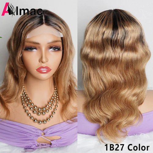 Ombre Honey Blonde Body Wave Closure Wig Indian Remy Human Hair 4x1 T Part Transparent Lace Wig 1B27/30 Color Pre-Plucked Almac