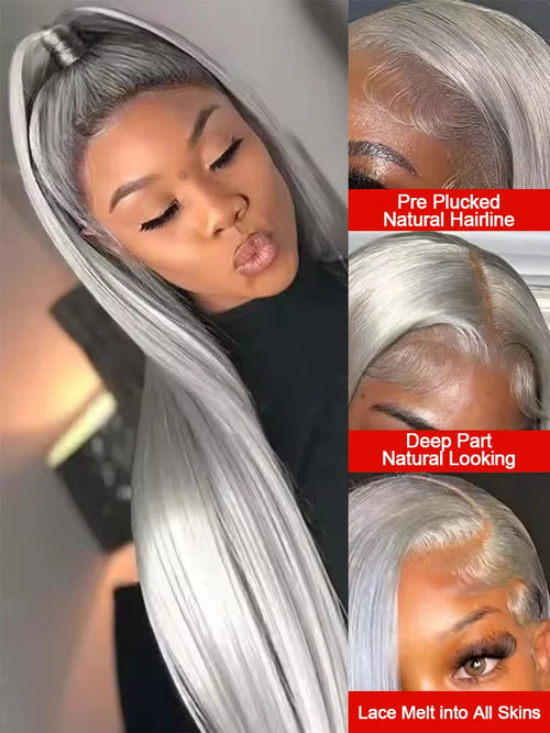 30 40 Inches Straight Human Hair Wigs 13x6 HD Lace Frontal Wigs 250% Density Silver Grey Colored 13x4 Lace Front Human Hair Wigs