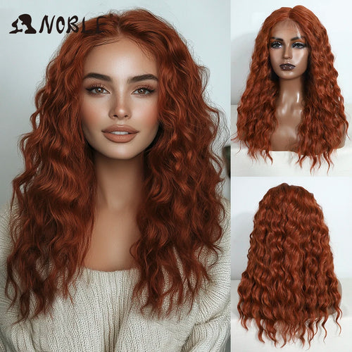 Noble Cosplay Synthetic Lace Front Wig 20" Baby Hair Curly Wig Medium Part Red Lace Wig For Women Ombre Blonde Lace Front Wig