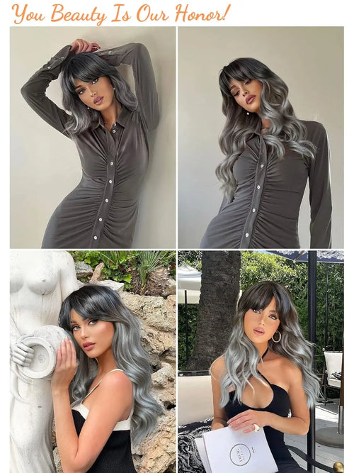 Long Wavy Silver Ash Ombre Cosplay Synthetic Wigs Natural Curly Gray Black Hair Wig with Bangs for Women Afro Heat Resistant
