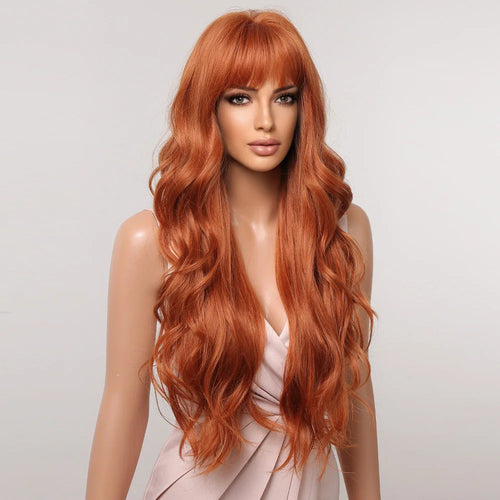 Orange Copper Ginger Long Wavy Synthetic Wigs Red Yellow Wig with Bangs for Women Natural Cosplay Body Wave Heat Resistant Hair