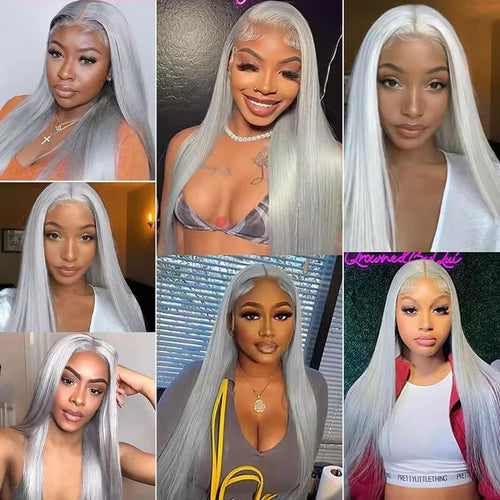 30 40 Inches Straight Human Hair Wigs 13x6 HD Lace Frontal Wigs 250% Density Silver Grey Colored 13x4 Lace Front Human Hair Wigs