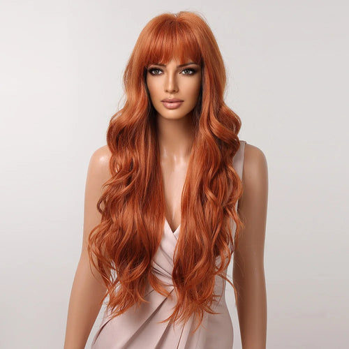 Orange Copper Ginger Long Wavy Synthetic Wigs Red Yellow Wig with Bangs for Women Natural Cosplay Body Wave Heat Resistant Hair