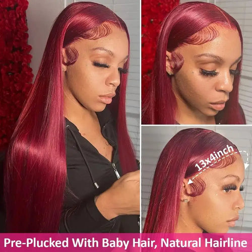 99j Burgundy Lace Front Human Hair Wig 40 Inch 13x6 Straight Lace Frontal Wigs HD Transparent Lace Colored Red Wig For Women