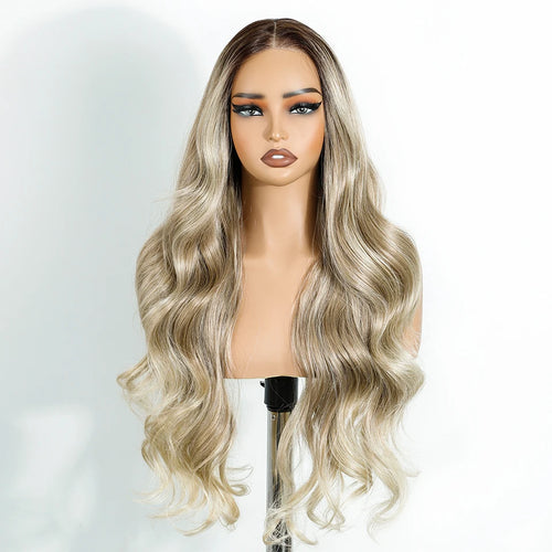 FREEDOM Synthetic Lace Front Wigs For Woman Long Body Wave Lace Wig Ombre Brown 6x4 Pre Plucked Pre Cut Wear and Go Glueless Wig