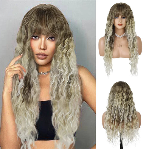 Womens Wig Long Synthetic Hair Ombre Blonde Curly Wigs Female Natural Wavy Drag Queen Regular Wig 80s Gradient Wigs for Student