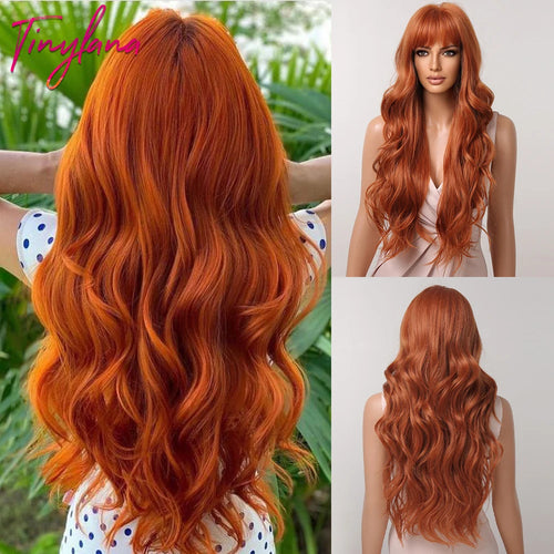 Orange Copper Ginger Long Wavy Synthetic Wigs Red Yellow Wig with Bangs for Women Natural Cosplay Body Wave Heat Resistant Hair