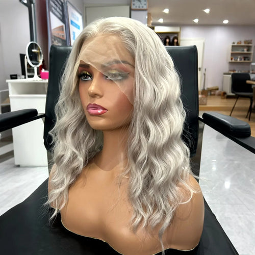 Silver Blonde Wig Short Curly Wavy Bob Grey Wig Synthetic Hair Free Part Loose Curly Light Gray 13X4 Lace Front Wigs for Women