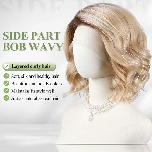 Short Wavy Synthetic Wig Ombre Blonde Layered Hair Side Part Lace Front Bob Wig 14 Inch Shoulder Length Heat Resistant Fiber