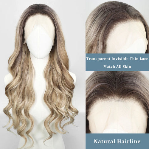 13x4 Lace Front Wavy Blonde Highlight Synthetic Wigs Dark Root Brown Colored Ash Blonde Wig For Women Daily Use 150% Pre Plucked