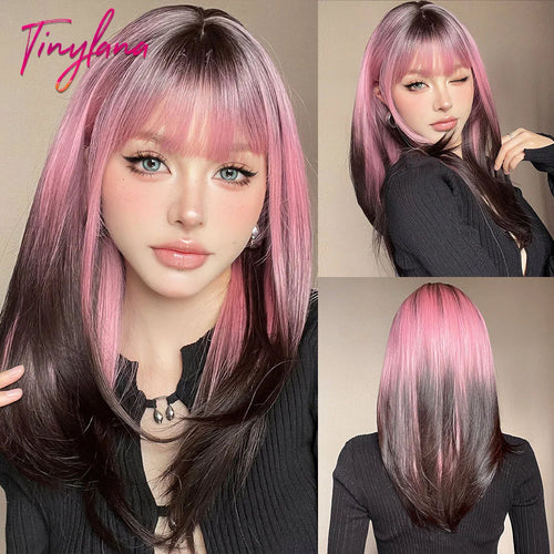 Long Straight Ombre Brown Synthetic Wigs with Bangs Brown Layered Wig Cosplay for Women Afro Daily Natural Hair Heat Resistant