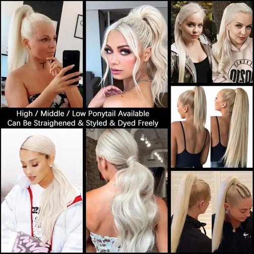 Blonde Ponytail Human Hair Natural Real Hair Extensions Wrap Around Clip on Ponytails Thick Ends Platinum Blonde 24inch 140G