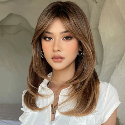 Long Straight Ombre Brown Synthetic Wigs with Bangs Brown Layered Wig Cosplay for Women Afro Daily Natural Hair Heat Resistant