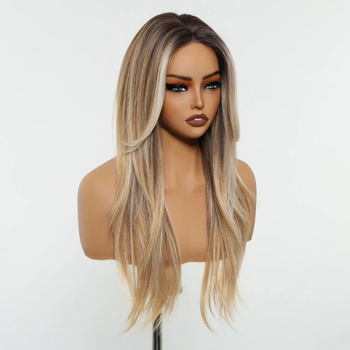 Long Straight Hairline Lace Front Synthetic Wig For Black Women Brown Mixed White Natural Middle Part Wig For Daily Cosplay