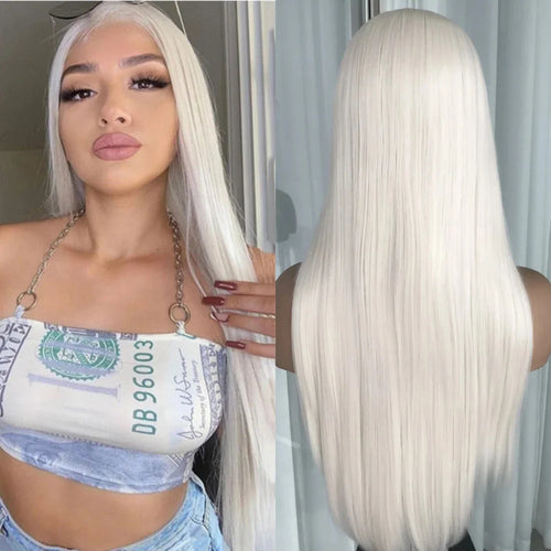 Platinum Ash Blonde Long Straight Lace Front Wig with Brown Roots Pre Plucked Heat Resistant Synthetic Lace Wigs Daily Use