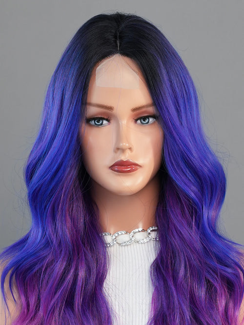 HD Transparent Lace Front Wig Blue Ombre Purple Body Wavy Wigs with Bangs High Density Synthetic Lace Frontal Side Part Wigs