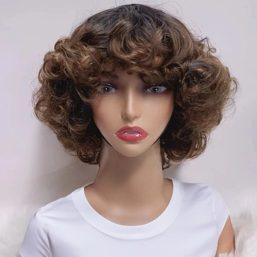 Short Curly Bob Wig – Highlight Blonde & Burgundy, Egg Curl Pixie Cut, Full Machine-Made Fringe for Women