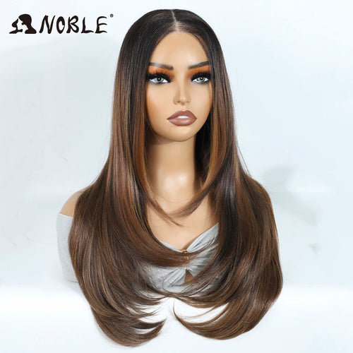 Noble Synthetic Lace Front Wig 24 Inch Straight Lace Wig Ombre Brown 6x4 Pre Plucked Pre Cut Wear and Go Glueless Wigs For Woman