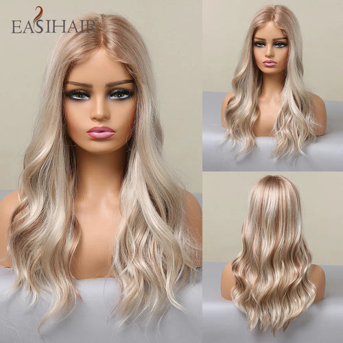 alt="EASIHAIR long blonde lace front synthetic wig natural wave with baby hair for women"