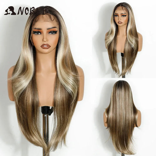 alt="Long straight lace wig 28 inch HD transparent 13x4 synthetic with baby hair"