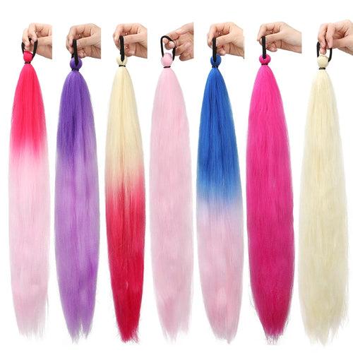 26Inch Synthetic Ponytail Extension with Elastic Tie Hair Band Long Yaki Straight Colored Braiding Ponytail Ombre Colors