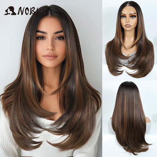 Noble Synthetic Lace Front Wig 24 Inch Straight Lace Wig Ombre Brown 6x4 Pre Plucked Pre Cut Wear and Go Glueless Wigs For Woman